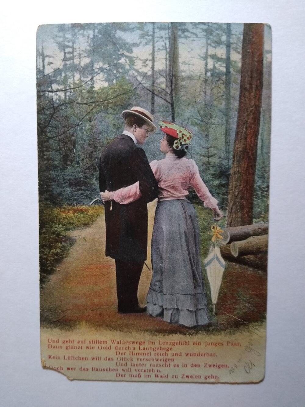 Vintage German Postcard Romantic Couple Forest Path Poem Divided Back